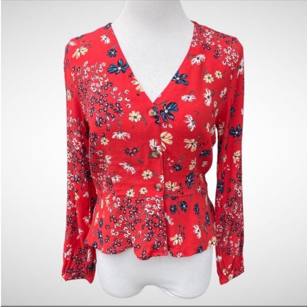 H&M Floral Peplum V-Neck Buttondown Blouse